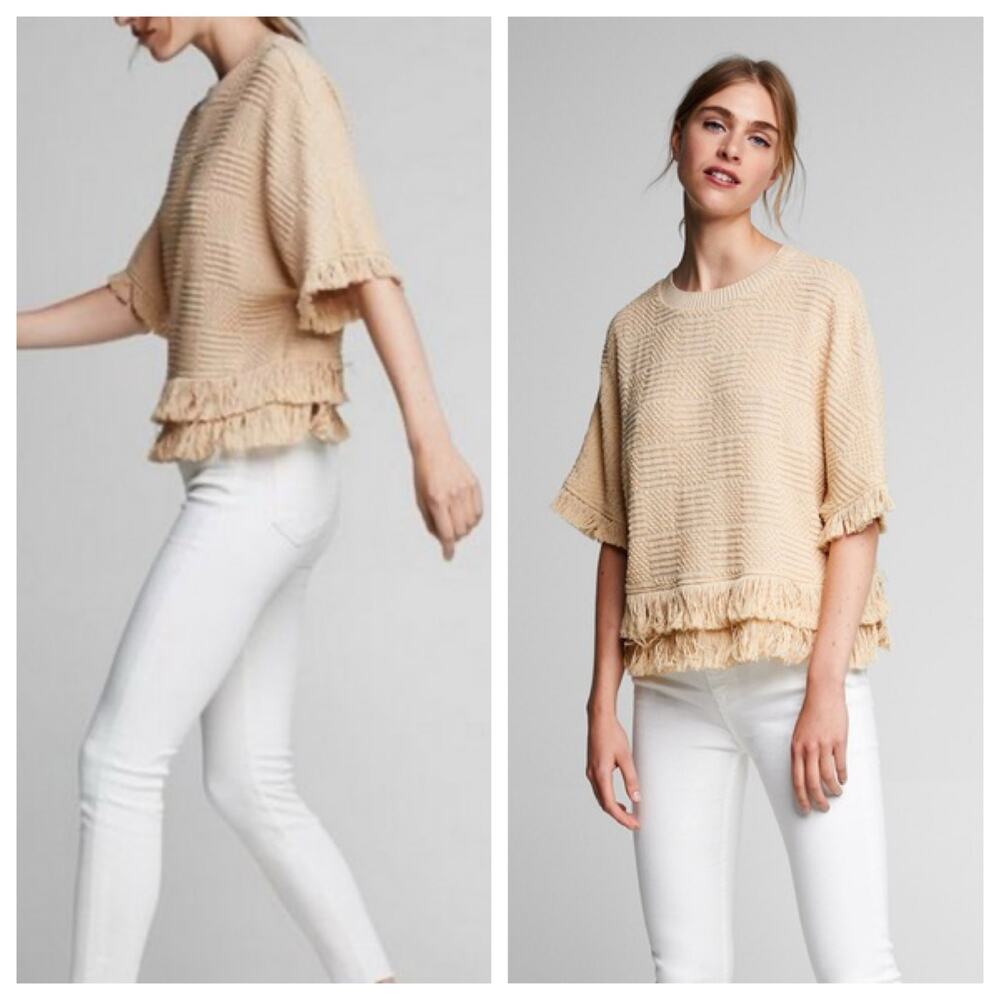 🧺 5 for $25 Sale Zara Cream Fringe Top Small Short Sleeve Crewneck